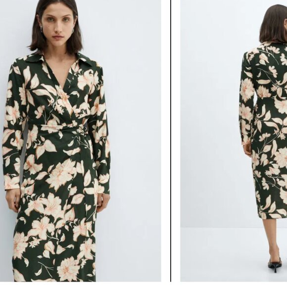 MNG Mango Linen Blend Wrap Dress M Floral Romantic Resortwear - Picture 1 of 10